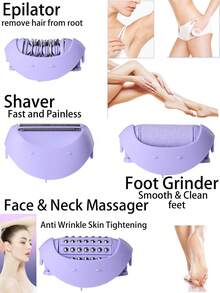 Kemei KM-6037 女士比基尼体毛修剪器 无痛女士剃毛机 女士脱毛器 电动面部按摩器 抗皱颈部紧致 电动磨脚器 4合1女士日常使用套装 - 紫色 - 查看 5