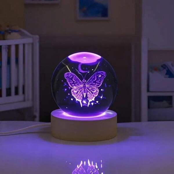 1pc3D Carving Butterfly Moon Crystal Ball With Colorful LED Lights Base For USB Power Supply Home Decoration Glass Globe Night Light Valentine's Day, Christmas And Birthday Gift
