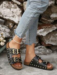 大码女式朋克风格 PU 皮革铆钉装饰软底凉鞋，复古小众设计平底休闲凉鞋，春夏