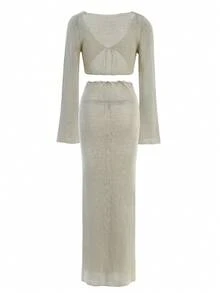 Sexy Metallic Gold Tank Top Long Skirt Knit 2 Pieces Wrap Hip Long Skirt Knit 2 Pieces Set Vacation Club Party Girl Clothing