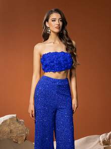 Faeriesty Bộ đồ hai mảnh thanh lịch dành cho nữ gồm quần sequin lấp lánh và áo hai dây họa tiết hoa 3D, ôm sát và thoải mái, thiết kế tinh tế vượt thời gian, phù hợp cho thảm đỏ, dạ hội, đám cưới, tiệc sang trọng, chẳng hạn như tiệc cưới, vũ hội hóa trang, tiệc vườn bí mật, tiệc tối trang trọng, sự kiện thắt cà vạt đen, váy tốt nghiệp và trang phục sinh nhật, váy mùa xuân/hè. - Xanh đậm - Xem 5