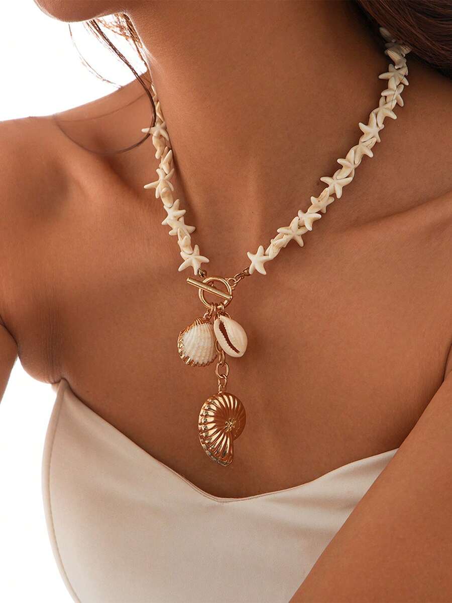 1 chiếc vòng cổ mặt vỏ sao biển phong cách nghỉ dưỡng bãi biển Bohemian dành cho nữ - Vàng - Xem 1