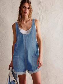 Women's Summer Pocketed Adjustable Strap Washed Denim Overalls - Baby Blue - View 2