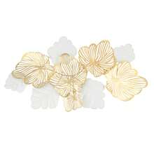 Rainaut 3D Metal Flower Wall Art Decor For Living Room, Modern Large Gold Leaves Hanging Artwork Decoration Sculpture For Home Room Bedroom Kitchen - 白色+金色 - 查看 3