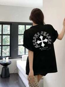Women's Slogan & Cross Print Crew Neck Drop Shoulder Loose Casual T-Shirt, Summer