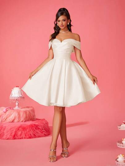 Elegant vit axelbandslös A-linjeformad festklänning, värdig formell tonårsklänning, söt design för bröllop och balklänning, cocktailklänning, kort homecoming-klänning