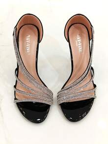 Revreal Boho Glam Summer Patent Heels With Rhinestone Straps – Vintage Chic Vibes Elegant Wedding - Black - View 5