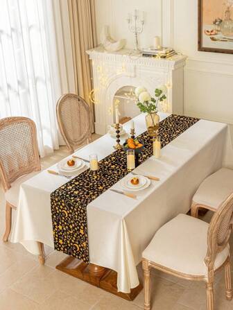 1pc 28x275cm/11x108inch Table Runner Roll, Fabric Star, Moon, Lantern Printing Glitter Tablecloth Decorations, Table Decor Centerpiece For Home Decor,Gold Silver Table Runner