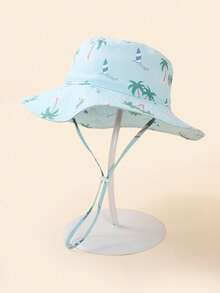 2pcs Kids Blue & Green Palm Tree Print Summer Beach Sun Ion Bucket Hats With Chin Strap - Blue Green + Coconut Tree - View 5