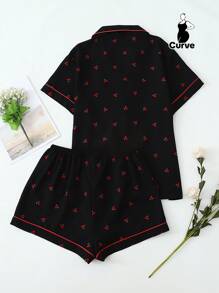 2pcs Plus Size Women Comfy Cherry Print Single-Breasted Lapel Short Sleeve Top And Shorts Pajama Set, Suitable For Home Wear, Spring/Summer, Outfits