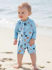Baby Boy UV Swim Set - Long Sleeve Rash Guard With Ocean Animal Print  Zip-Up Bathing Suit 0-24M - Blue - View 4
