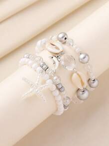 4pcs/Set Bohemian Style Starfish, Dolphin, Shell & Bead Decor Stacking Bracelets, Cute Ocean Themed Bracelet Set Suitable For Women, Beach, Casual, Holiday Wear