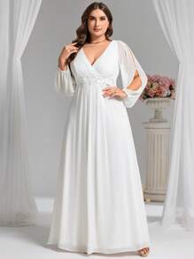 EVER-PRETTY Plus Applicaties Ritssluiting op de rug Lange mouwen Bruidsdouchejurk Wit Elegante Formele Avond Prom Bruiloftsgastjurk, Voor Afstuderen, Diner
