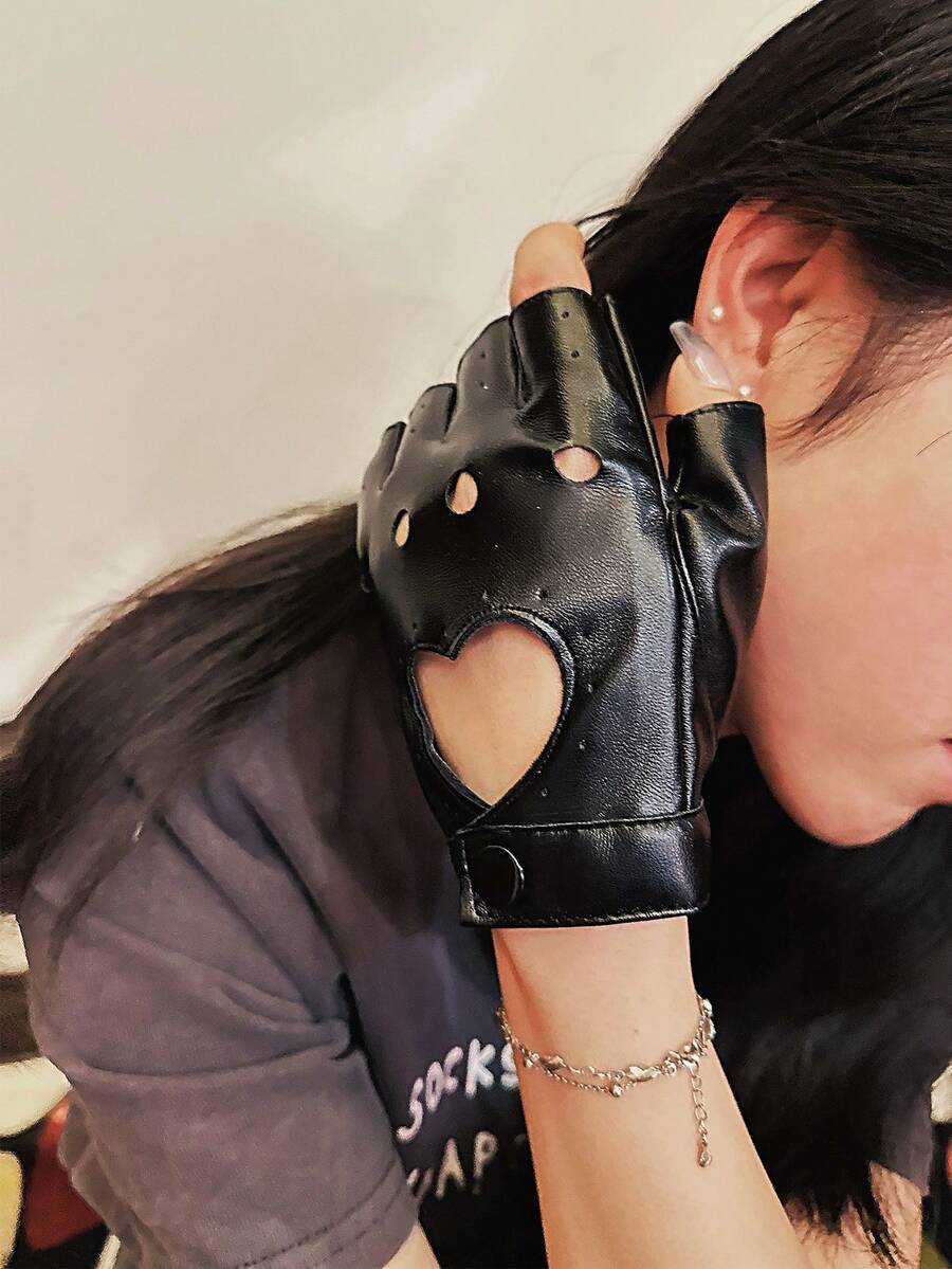 Y2K Style Leather Half Finger Gloves, Minimalist And Practical Multifunctional - Black - View 1