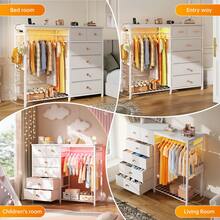 EnHomee 49.2" W Dresser For Bedroom With Hanging Rack 6 Drawers Dresser With LED Lights & Charging Station, Fabric Dressers & Chest Of Drawers With Clothes Rack, Wooden Top, Grid Panel, Closet, Milky White - View 8