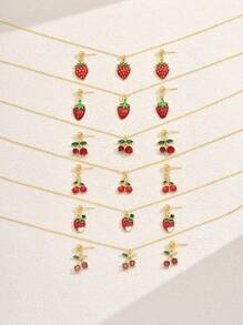 3pcs Set Summer Elegant Metallic Delicate Cherry Necklace & Earrings Jewelry Set, Suitable For Daily Wear Or Gift