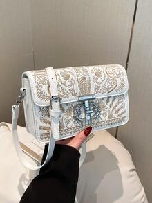 Borsa a tracolla elegante e unica con ricamo floreale, borsa a spalla in pelle PU di moda per donna, con chiusura a gancio metallico, design vintage a patta quadrata, adatta per lo shopping e l'uso quotidiano - Bianco - Visualizzare 2