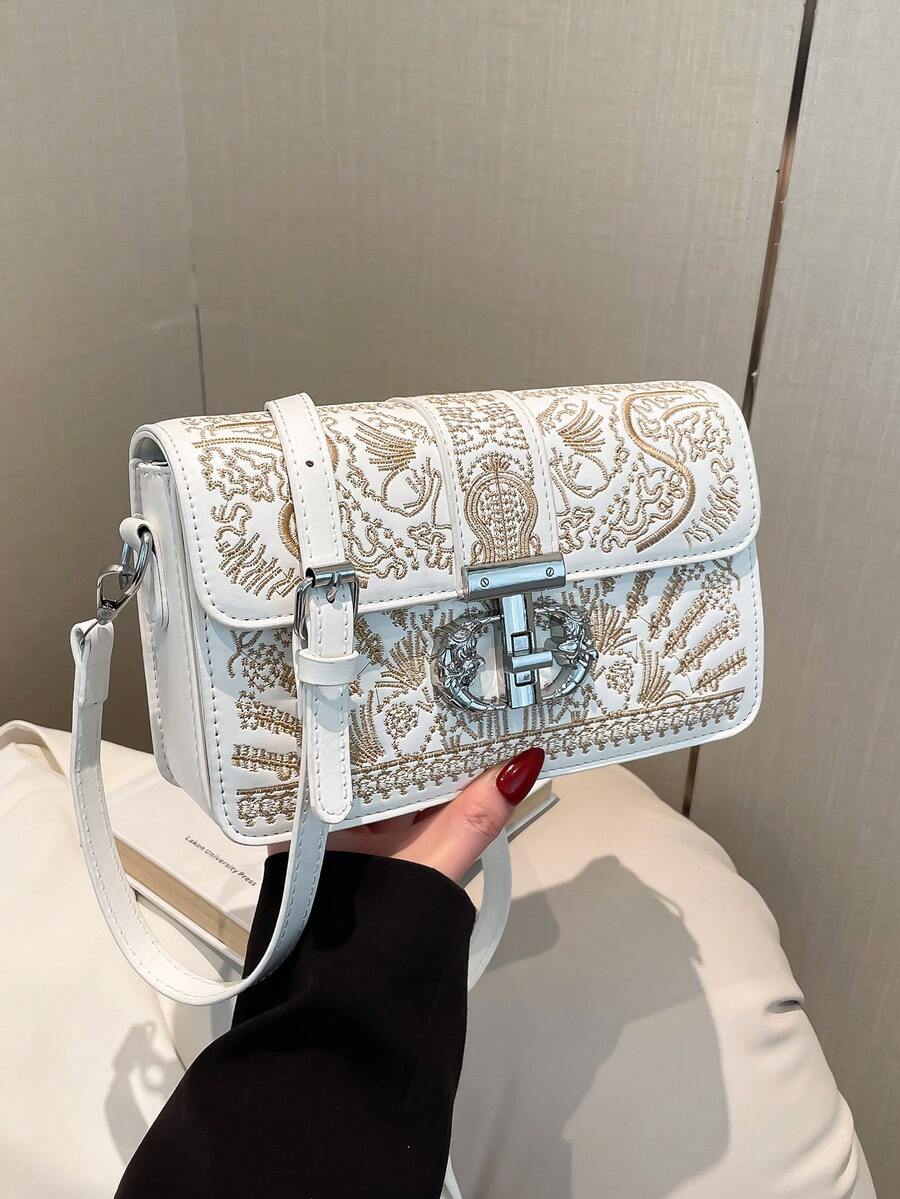 Borsa a tracolla elegante e unica con ricamo floreale, borsa a spalla in pelle PU di moda per donna, con chiusura a gancio metallico, design vintage a patta quadrata, adatta per lo shopping e l'uso quotidiano