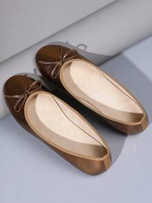 Fashionable Soft Bottom Low Heel Ballet Flats, Bow Decor Casual Low-Top Slip-On Shoes, Comfortable For Work Or Daily Wear, Brown - Bronze - View 8