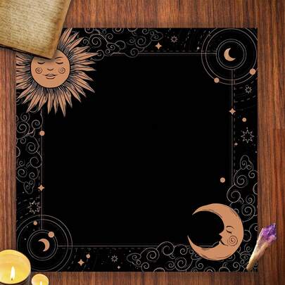 1件装神秘日月塔罗占卜垫 - 涤纶占星桌布，饰有十二星座、新月和星形图案，完美家居装饰，不含羽毛，不含现金，占星装饰