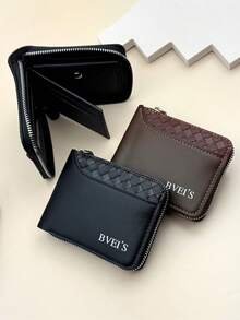 1pc Men's PU Leather Short Wallet, Fashionable Checkered Soft Wallet, Horizontal Zipper Wallet, 2 Fold Coin Wallet, Woven Pattern Splicing Wallet, Large Capacity Multi Card Slot, Can Store Large Banknotes, ID Photo Slot, Letter Decoration, Simple Coin Pocket, Credit Card Bank Card ID Photo Slot, Business Leisure Style, Ideal Gift For Men's Birthday Or Companion, Suitable For Male And Female Young Students Fashion Style Daily Life - View 3