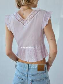 Women Summer Boho Tie Front Lace Trim Tank Tops Y2k Flowy Frilly Chiffon Vest Beach Button Ruffle Eyelet Tank Tops Light - Purple - View 2