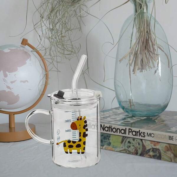 Rietjesbeker met deksel en waterbeker met schaalverdeling voor schattige - dierenmelkbeker met handvat, kersttumblers, XGOPTS kinderglazen beker met rietje, deksel en handvat - 10 oz/300 ml cartoon drinkbeker, koffiemok, watermok met schaalverdeling - schattige geïsoleerde wandbeker voor melk en sap