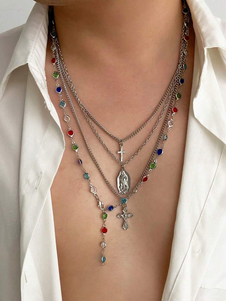 3/4pcs Vintage Luxury Colorful Crystal Y-Shaped Necklace, Men's Punk Metal Jesus Cross Pendant Long Necklace Set - Style 1 - View 2