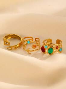 Multi-Piece Set Of Elegant 18K Gold Plated Stainless Steel Faux Gemstone Rings For Women, Fashion Jewelry Accessories, Luxury Party Wear, Vintage Middle Eastern Dubai Jewelry, Adjustable Rings