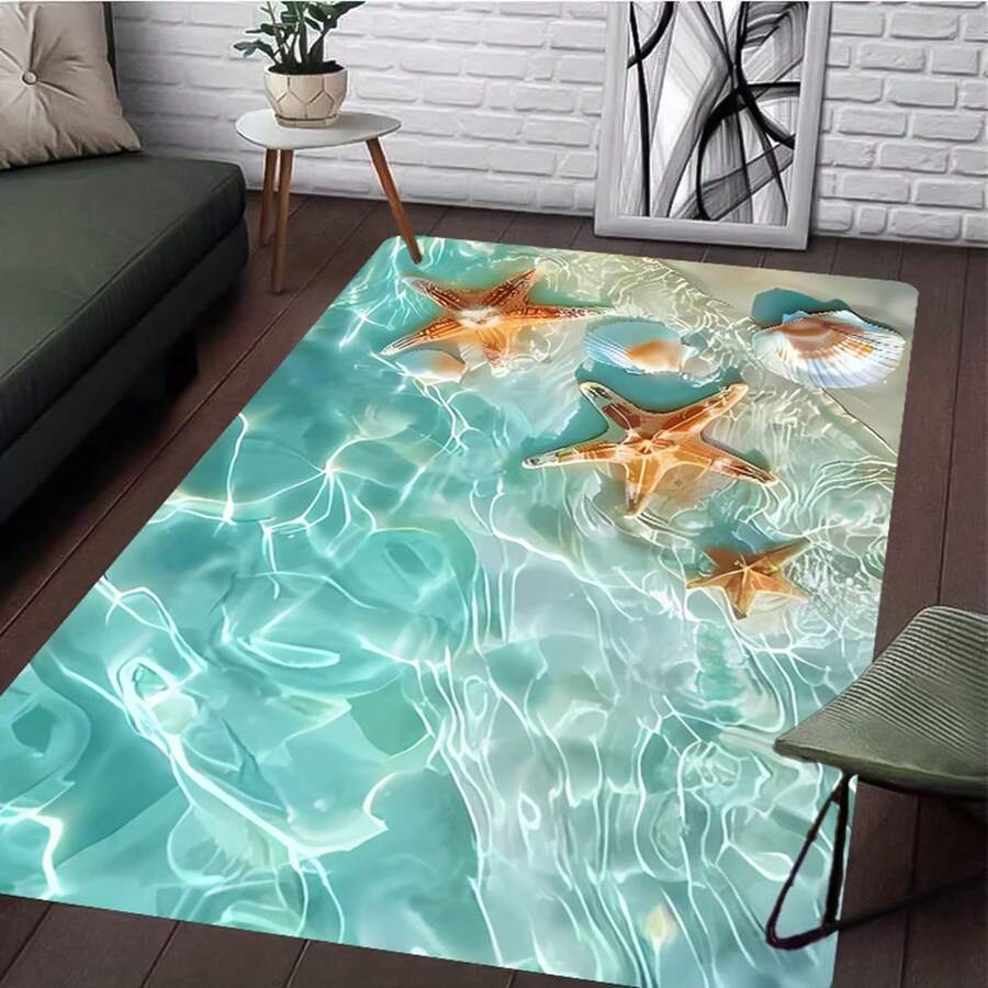 1pc Ocean Series Pattern Design Rug, Modern Art Design Floor Mat, Polyester, Non-Slip Backing, Machine Washable, Multifunctional Indoor/Outdoor Use, Home Decor Rug Living Room, Bedroom, Dining Room, Camping - Multicolor - View 1