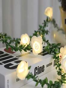 Affascinante ghirlanda luminosa a LED a forma di rosa - funziona a batterie, luci a catena bianco caldo con accenti di foglie verdi per feste di compleanno, matrimoni, decorazioni per la festa della mamma (batterie non incluse), per uso interno, illuminazione romantica | Illuminazione elegante | Luci decorative, luci per decorazione (Rosa bianco, 3m/20 LED)