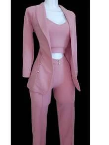 Conjunto Elegante de Tres Piezas para Mujer – Blazer, Top y Pantalón a Juego – Estilo Formal y Casual con Detalles de Perlas - Rosa vieja - Ver 2