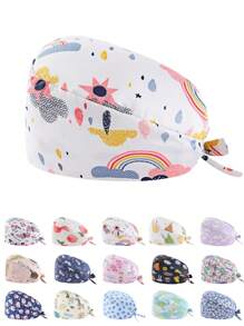 1 pieza Gorro de enfermera con estampado digital de flores, animales y corazones sobre fondo rosado, de mezcla de algodón. Adecuado para médicos, enfermeras, salones de belleza, hospitales veterinarios y profesionales de limpieza. Anti-bacterial y anti-polvo