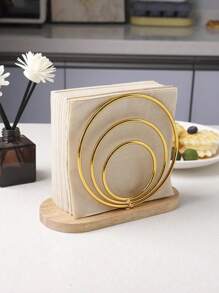 1 pieza Soporte para servilletas de estilo nórdico con base de madera y estructura de hierro, dispensador de pañuelos de papel vertical de metal, accesorio de decoración de mesa, para el hogar, restaurante, hotel y cafetería, útiles escolares