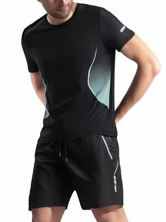 2 件男士纯色运动套装，日常休闲，跑步，健身，徒步户外短袖衬衫和短裤，夏季