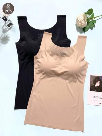 2 יחידות חלקות קמי נשים עם חזיות מרופדות, חזה אסוף, נוח להלבשת שינה ויוגה, אימון