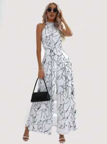 Palazzo Jumper Elegante De Sin Mangas Para Fiestas,Mono Con Estampado Con Pierna Ancha,Mono Elegante Sin Mangas De Talle Alto Para Mujer