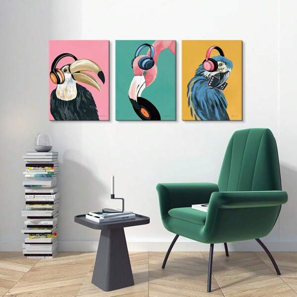Conjunto de 3 cuadros enmarcados con arte de lienzo de pájaros divertidos, pinturas de animales únicos como loro, tucán y flamenco, impresiones de aves musicales coloridas, adecuado para salas de estar contemporáneas, baños, dormitorios, hoteles, B&B, pasillos, estudios de música, aulas, habitaciones infantiles, villas, galerías, estudios y decoración de oficinas en el hogar, listos para colgar.