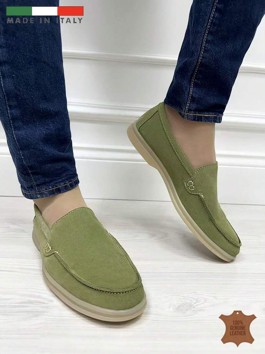Mokasyny ze skóry licowej, ręcznie robione, włoskie, zamszowe - Zielony - Zobacz 1