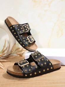 大码女式朋克风格 PU 皮革铆钉装饰软底凉鞋，复古小众设计平底休闲凉鞋，春夏