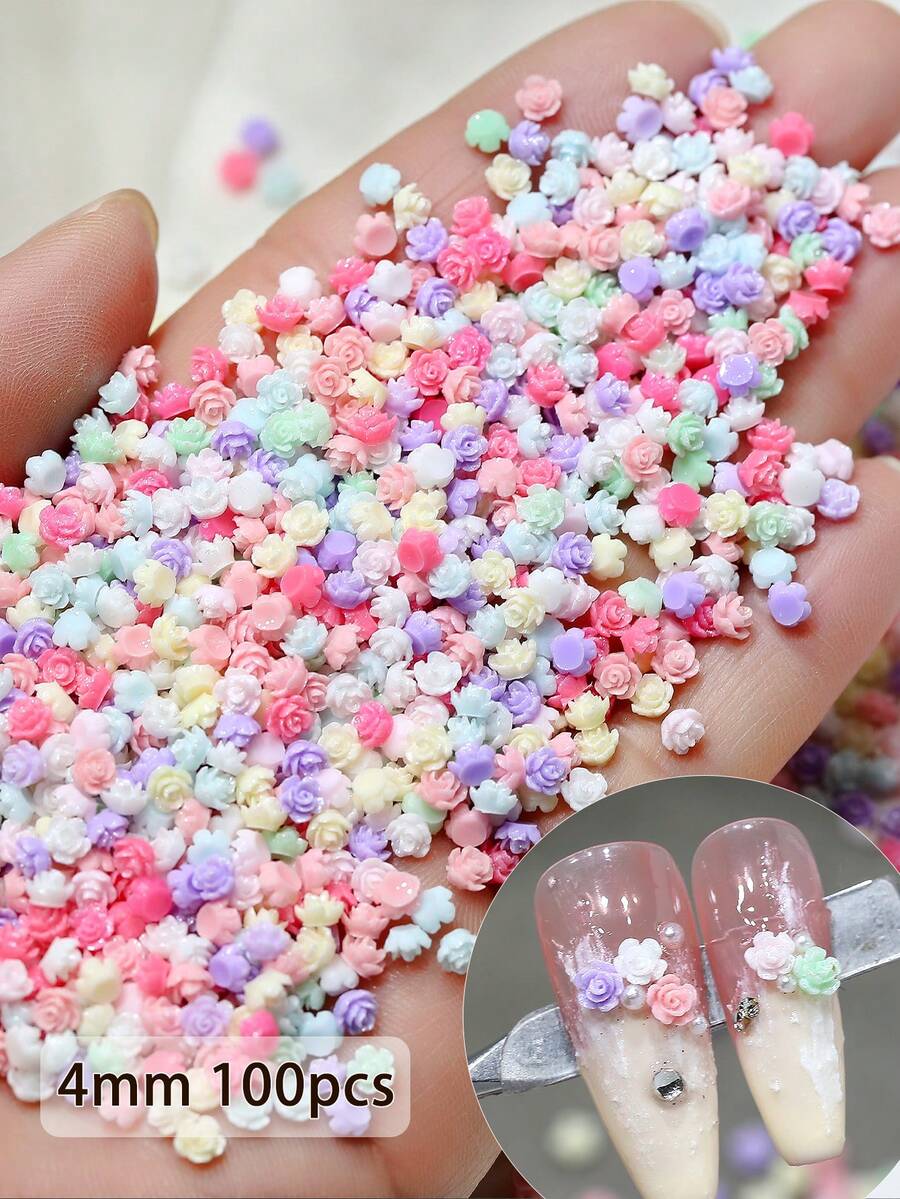 100 Cái/Túi Nhựa Hoa Trà Nai Trang Trí 3D Kích Thước Hỗn Hợp 4Mm Hoa Hồng Đá Rhinestones Phụ Kiện Làm Móng Tay Nghệ Thuật Đồ Dùng Làm Móng Móng Tay Móng Tay Charms Đá Quý Làm Móng Tay - Nhiều màu - Xem 1