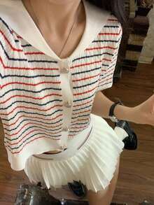 Alicedudu Women's Sweet Colorblock Striped Collar Short Sleeve Cardigan, Summer - Multicolor - View 3