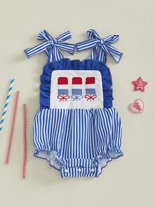 0-18 Months Baby Girl Independence Day Cami Romper Sleeveless Star Stripe Print Tie Shoulder Jumpsuit - 藍色 - 查看 2