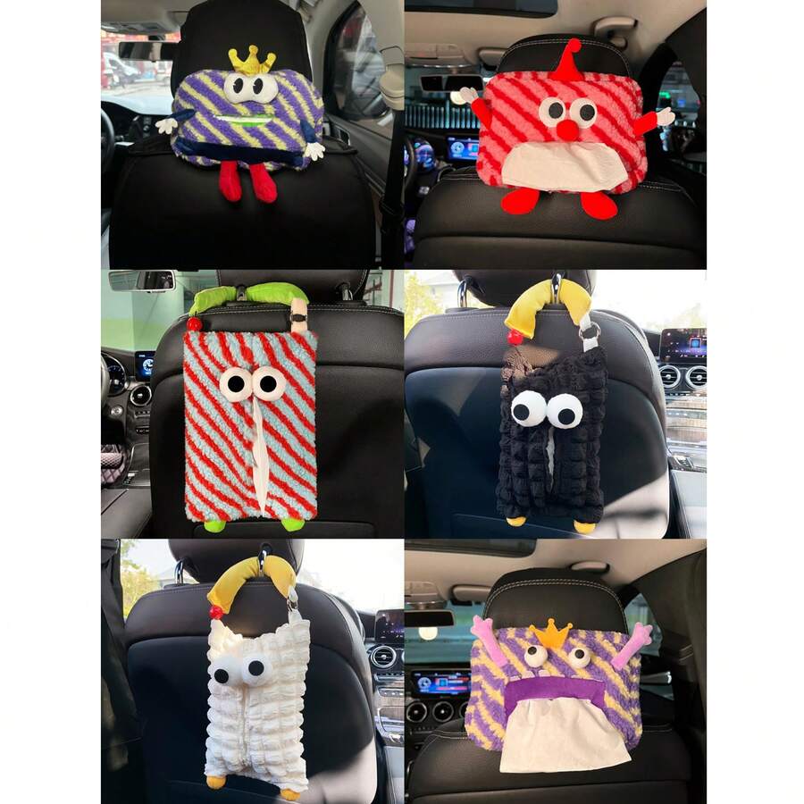 1pc-Cute Monster Pattern Car Tissue Holder/Car Seat Hanging Tissue Box/Creative Cartoon Car Interior Decoration/Bedroom Plush Tissue Box Cover For Women Storage Organizer Travel Essentials Back To School Dormitory Storage