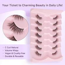 7对装奢华半条假睫毛 - 自然猫眼妆效，打造无瑕妆容，蓬松柔软仿貂毛睫毛，自然交叉飞扬睫毛尖设计，可重复使用睫毛条 - 自然纖長款 - 查看 7