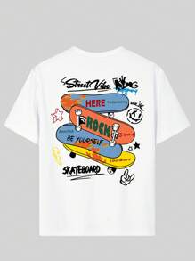 1 pieza Camiseta de manga corta con estampado de monopatín blanca para niños preadolescentes, adecuada para estudiantes jóvenes, parte superior de verano para niños preadolescentes