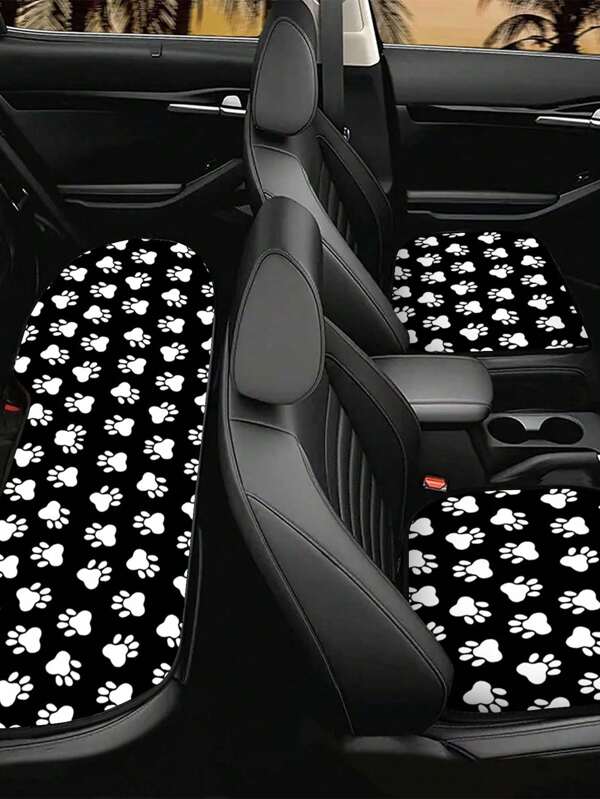 3pcs/Set Distinctive Black & White Dog Paw Print Car Seat Covers, Front & Rear Seat Protector Sets, Car Interior Accessories