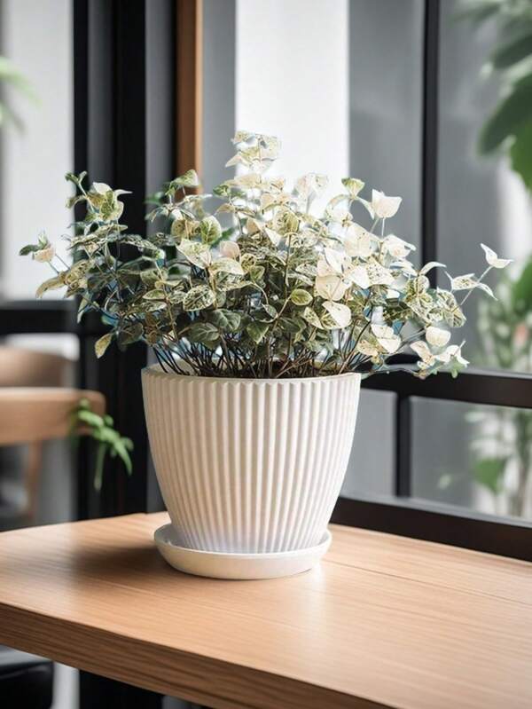 1pc Plastic Flower Pot With Tray, 3 Different Sizes Modern Decorative Plant Pot For Indoor Gardening