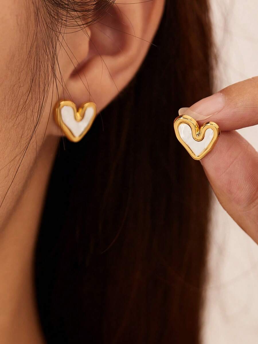 1 Pair Stainless Steel Waterproof & Fade-Resistant Baroque Style Shell Heart Earrings, Suitable For Women's Daily Wear - Gold - View 1