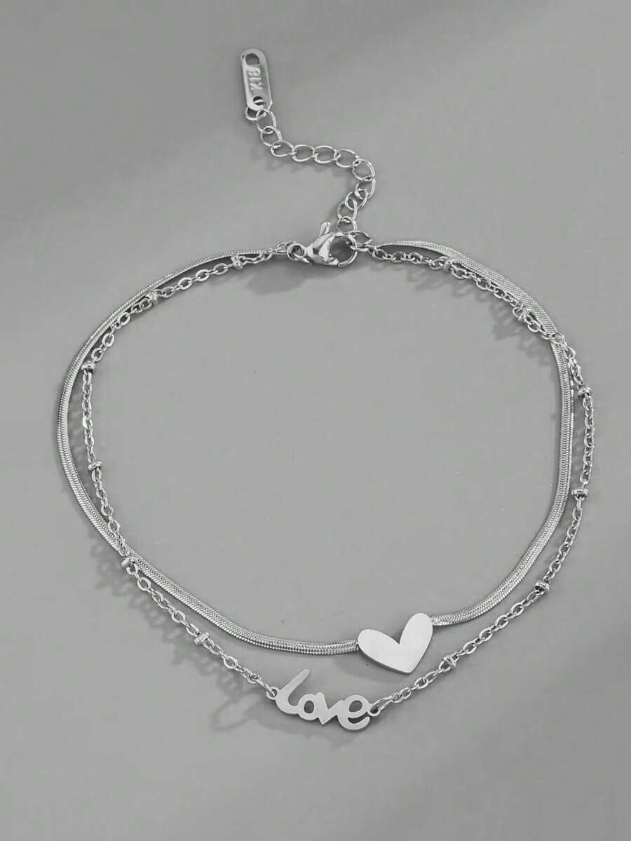 1pc Fashionable & Versatile Simple Stainless Steel Double Layer Heart Anklet - Silver - View 1